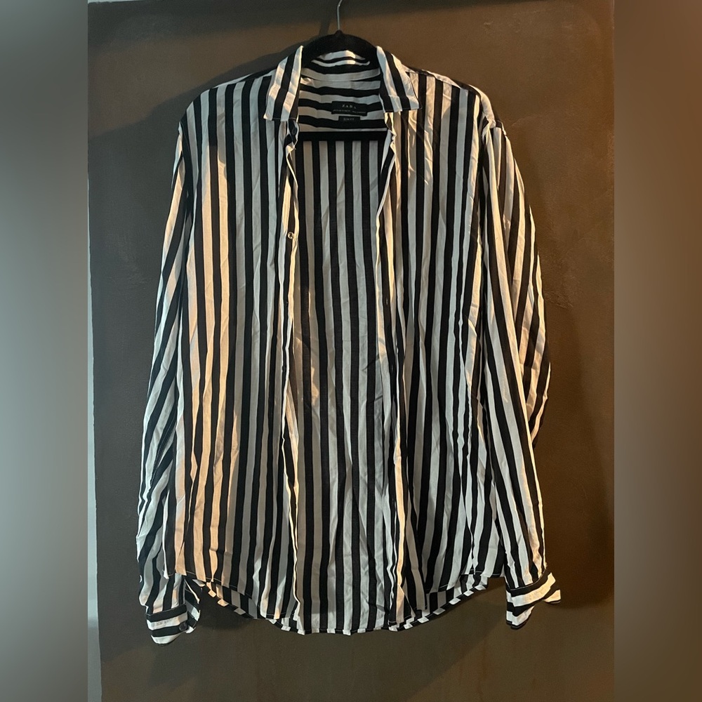 Zara Men's Black and White Striped Shirt Jacket